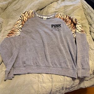 PINK Gray Sweatshirt with Tiger Print Sleeves